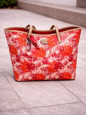 Coach Red & Orange Floral Canvas Tote with Tan Trim